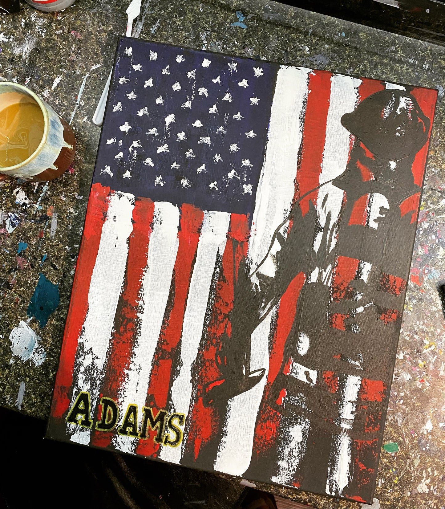 FREE SHIPPING Personalized Fire Fighter American flag hand painted canvas