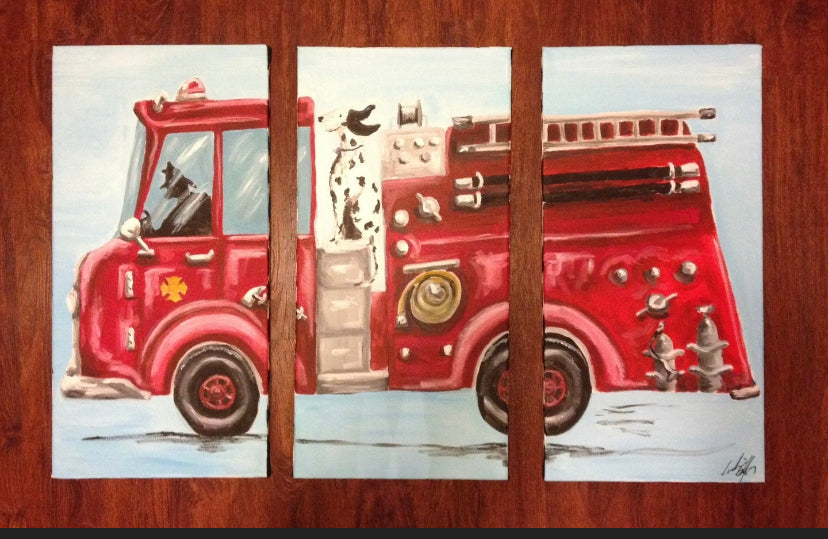FREE SHIPPING - Personalized Large 3 piece Children's Nursery Fire Engine Painting