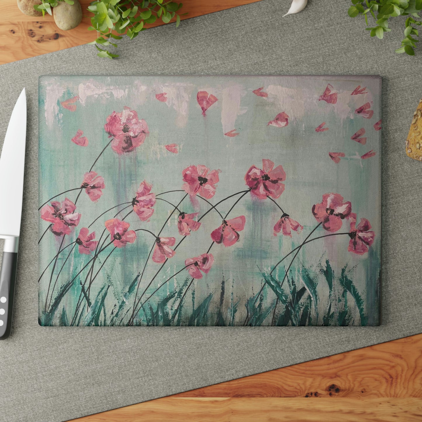 Glass Cutting Board - Pink Flowers Candice Griffy Original