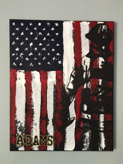 FREE SHIPPING Personalized Fire Fighter American flag hand painted canvas