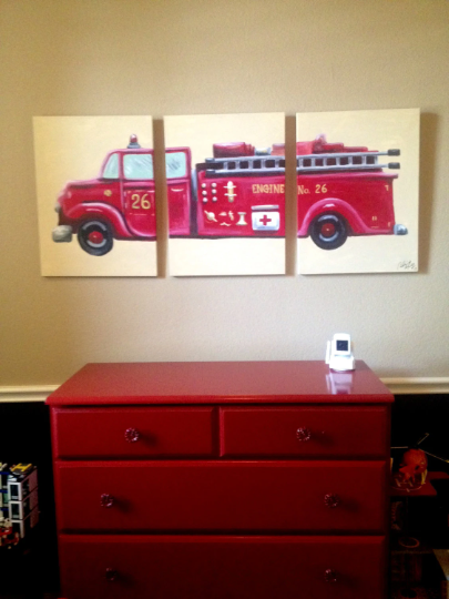 FREE SHIPPING - Personalized Large 3 piece Children's Nursery Fire Engine Painting